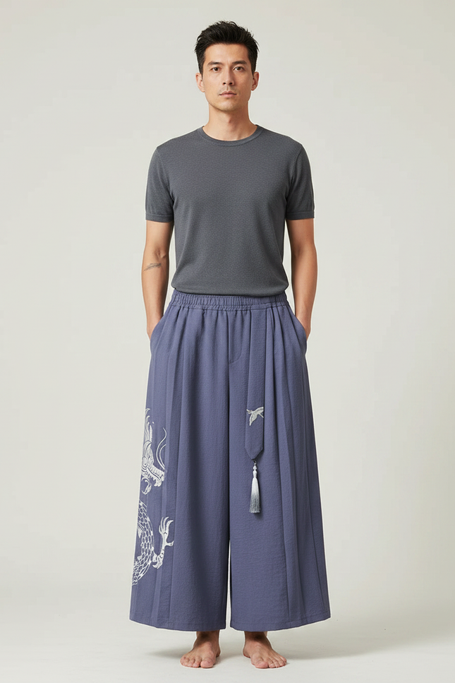 Pantalon Japonais Ample Bleu Dragon Tassels Fluide - Viscose