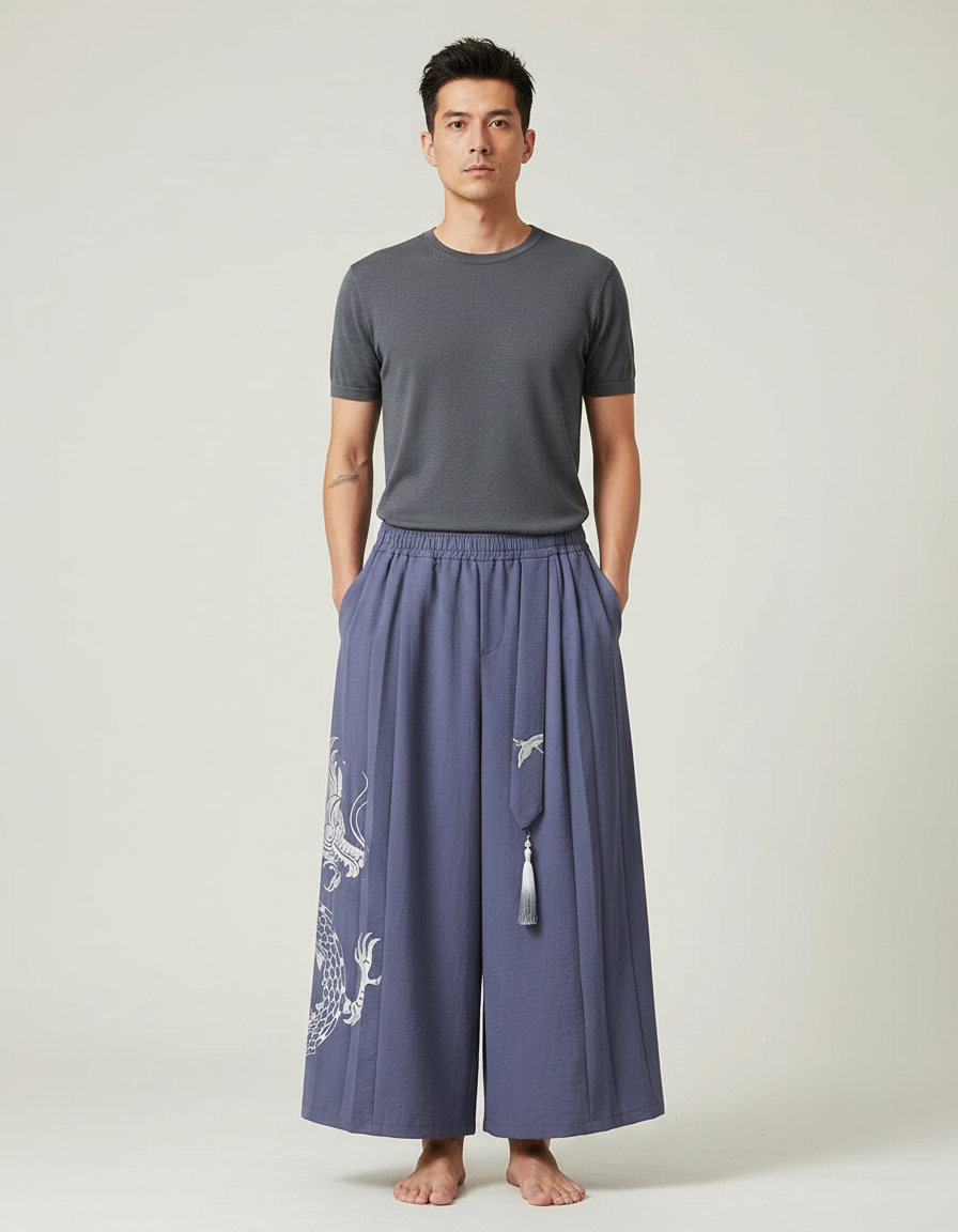 Pantalon Japonais Ample Bleu Dragon Tassels Fluide - Viscose