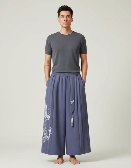 Pantalon Japonais Ample Bleu Dragon Tassels Fluide - Viscose