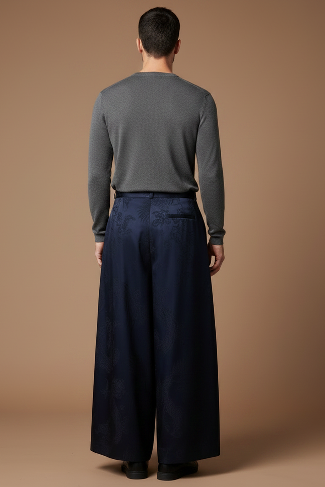Pantalon Japonais Bleu Marine Jacquard Dragon Ample Homme - Satin - vue 2