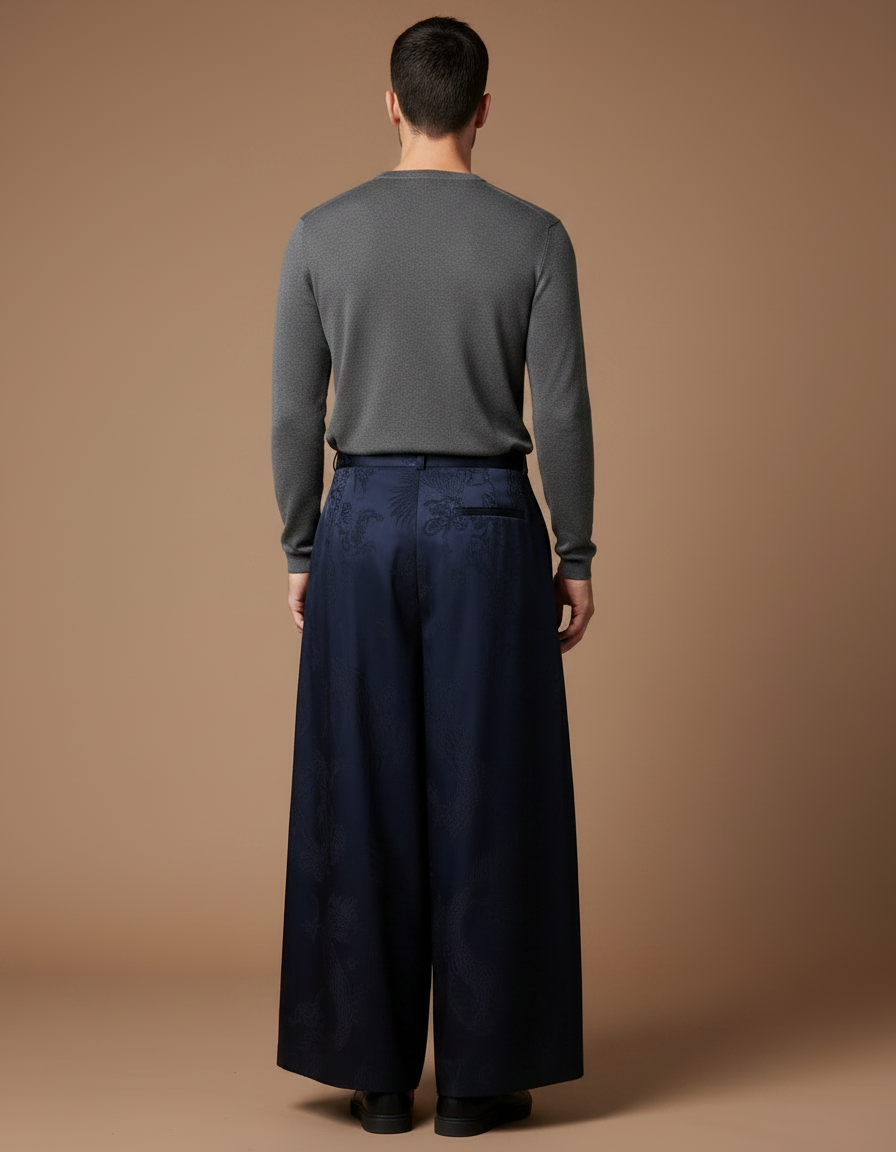 Pantalon Japonais Bleu Marine Jacquard Dragon Ample Homme - Satin - vue 2