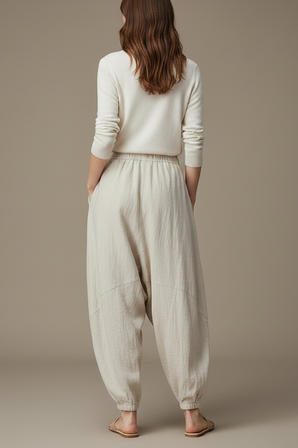 Pantalon Japonais Beige Ample Lin Décontracté Fluide - vue 2