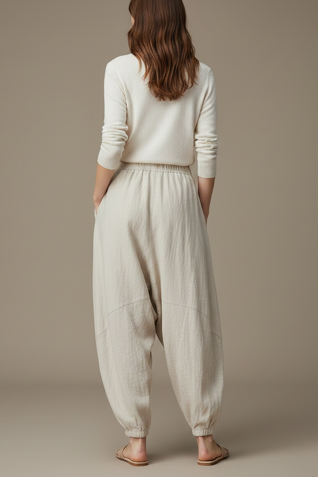Pantalon Japonais Beige Ample Lin Décontracté Fluide - vue 2