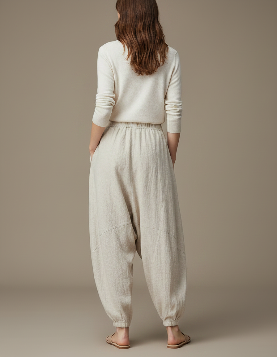 Pantalon Japonais Beige Ample Lin Décontracté Fluide - vue 2