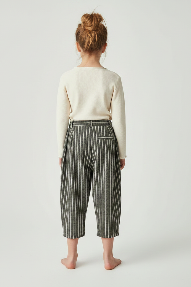 Pantalon Japonais Rayé Ample Décontracté Coton Lin - Vert Laine - vue 2
