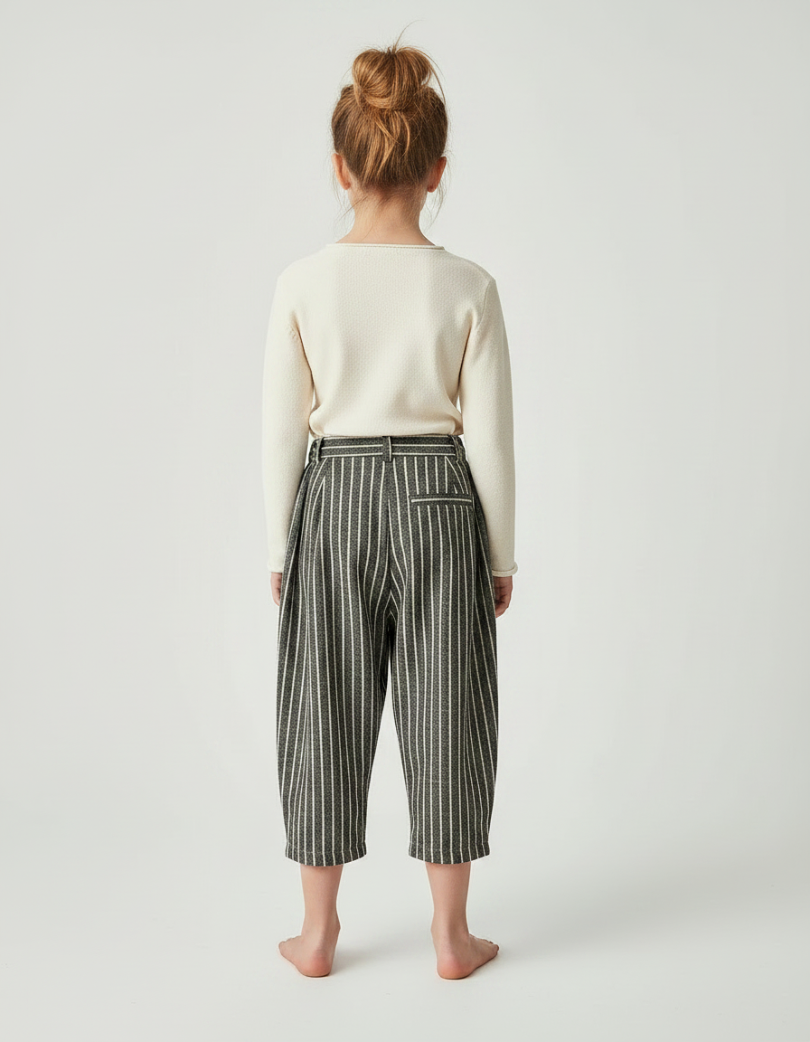 Pantalon Japonais Rayé Ample Décontracté Coton Lin - Vert Laine - vue 2