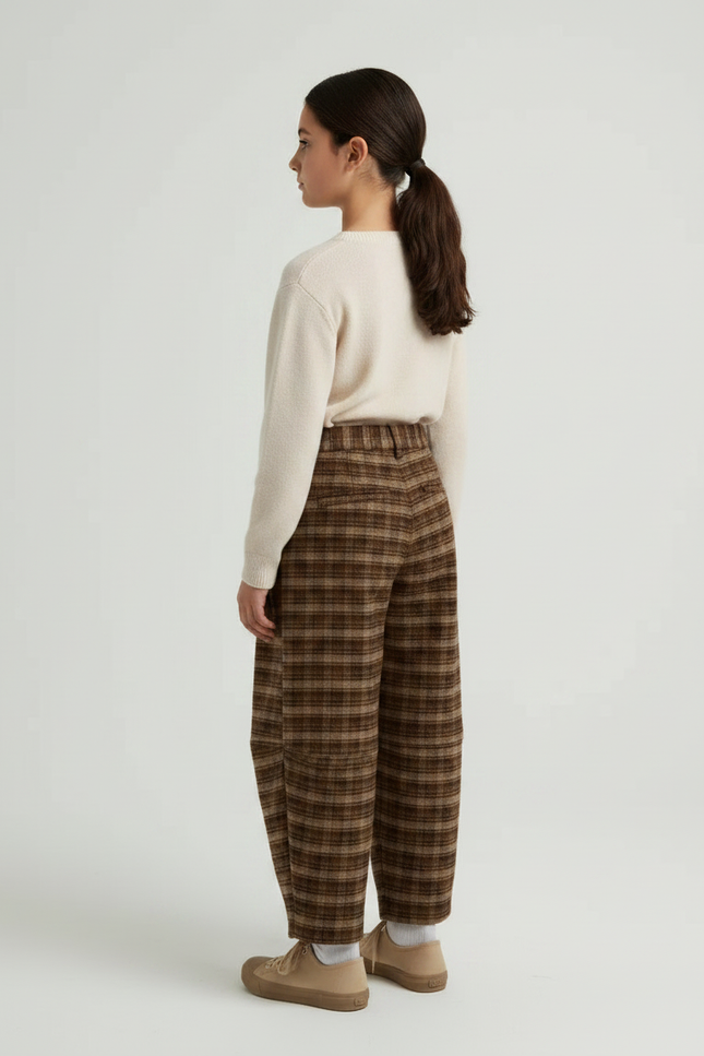 Pantalon Japonais Carreaux Marron Ample Épais Hiver Enfant - Tweed - vue 2