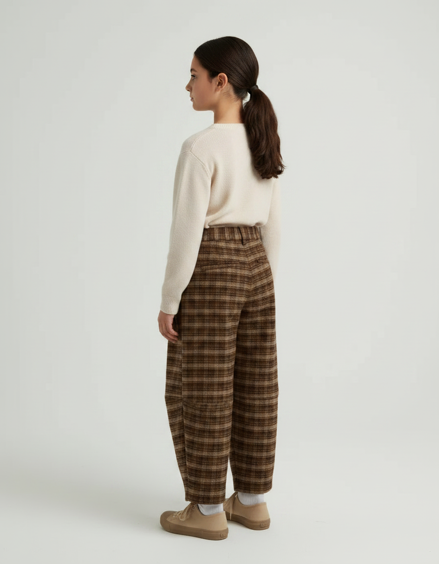 Pantalon Japonais Carreaux Marron Ample Épais Hiver Enfant - Tweed - vue 2
