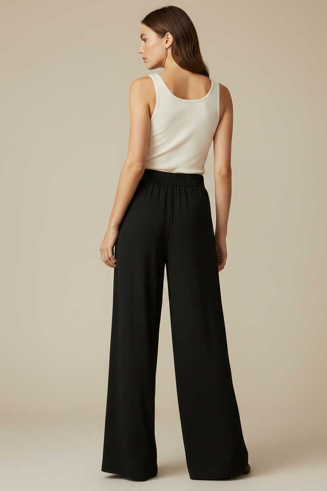 Pantalon Japonais Noir Fluide Ample Côtelé Décontracté Femme - Polyester - vue 2