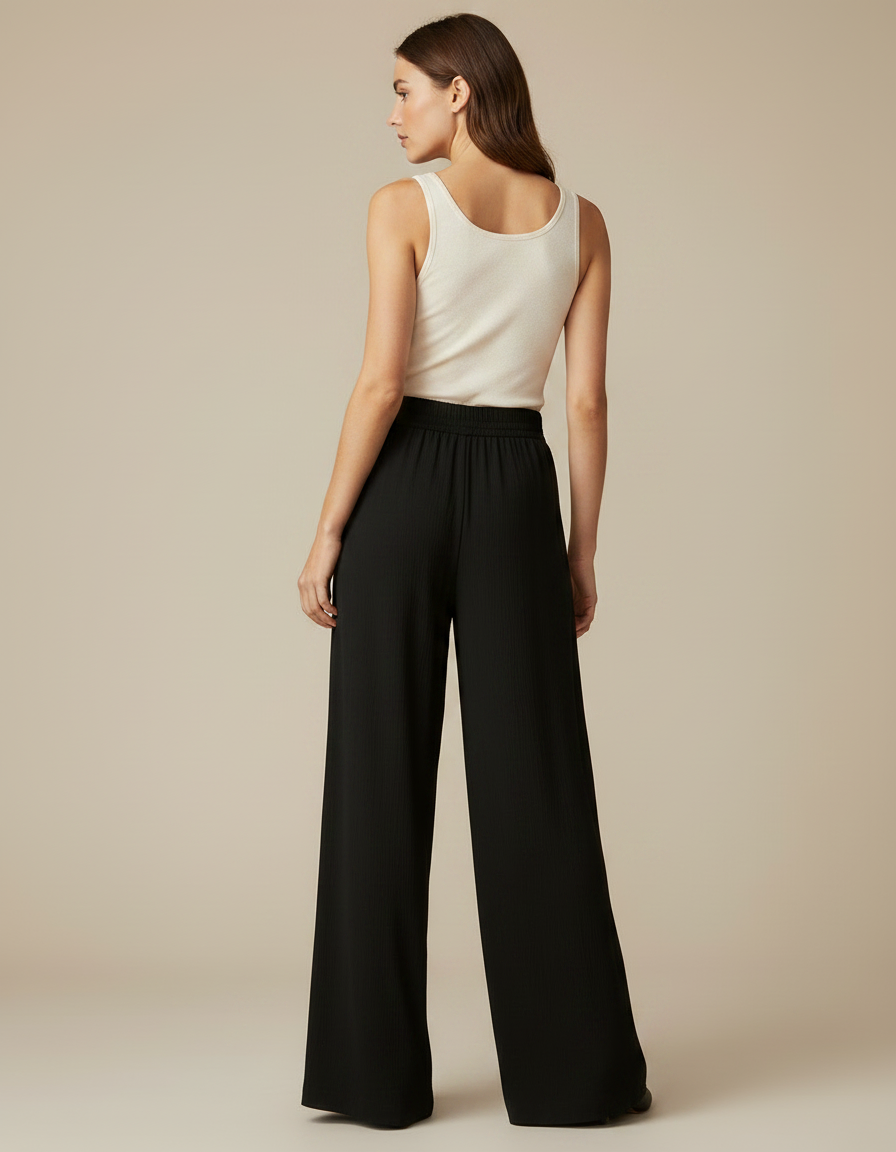 Pantalon Japonais Noir Fluide Ample Côtelé Décontracté Femme - Polyester - vue 2