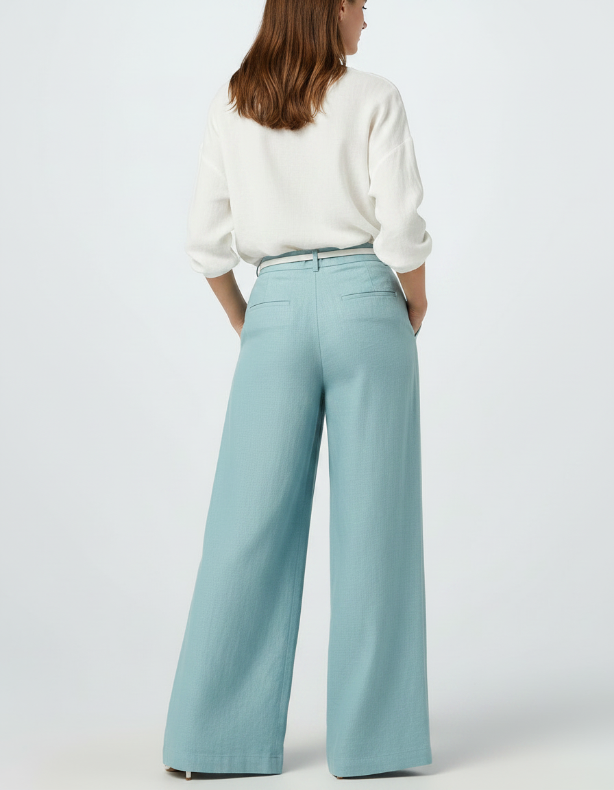 Pantalon Japonais Bleu Ciel Lin Ample Fluide Femme - vue 2