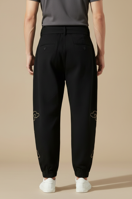Pantalon Japonais Noir Ample Coton Brodé Nuages - vue 2