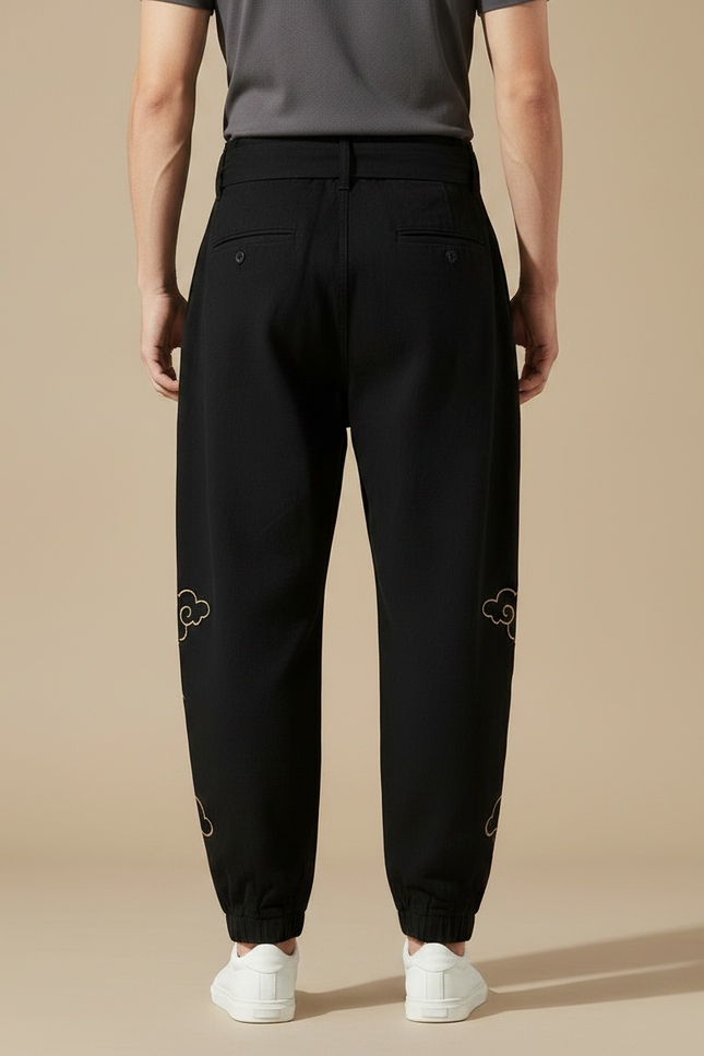 Pantalon Japonais Noir Ample Coton Brodé Nuages - vue 2