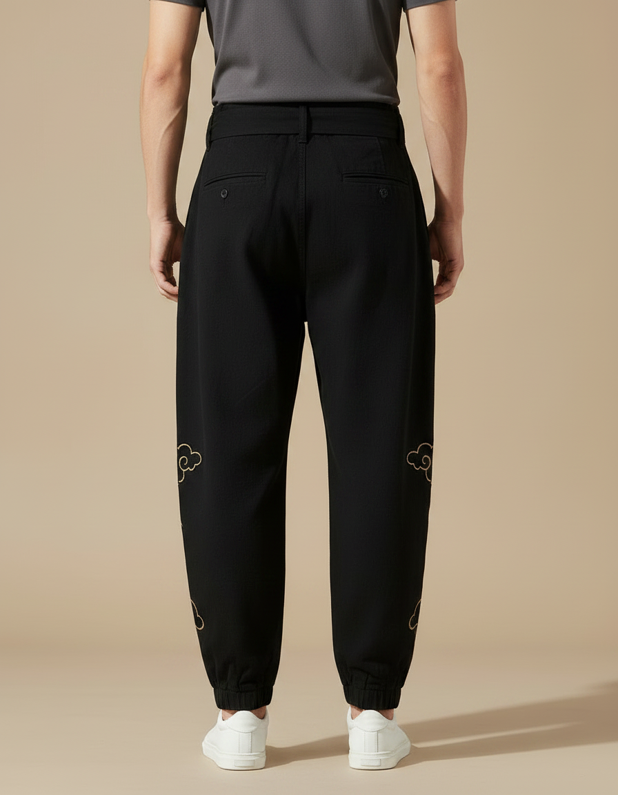 Pantalon Japonais Noir Ample Coton Brodé Nuages - vue 2
