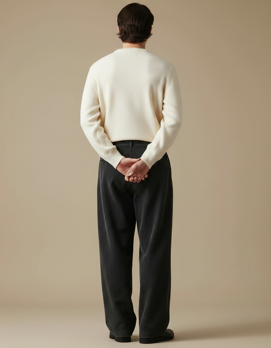 Pantalon Japonais Velours Côtelé Gris Ample Droit - Cordé - vue 2