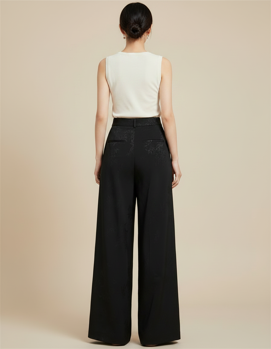 Pantalon Japonais Noir Jacquard Ample Fluide Élégant - Viscose - vue 2