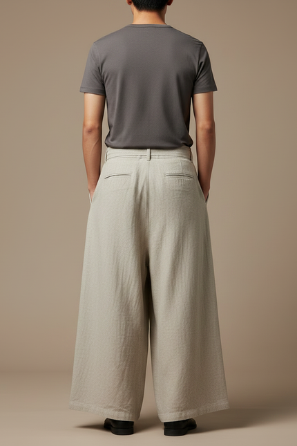 Pantalon Japonais Lin Ample Beige Brodé Ethnique - vue 2