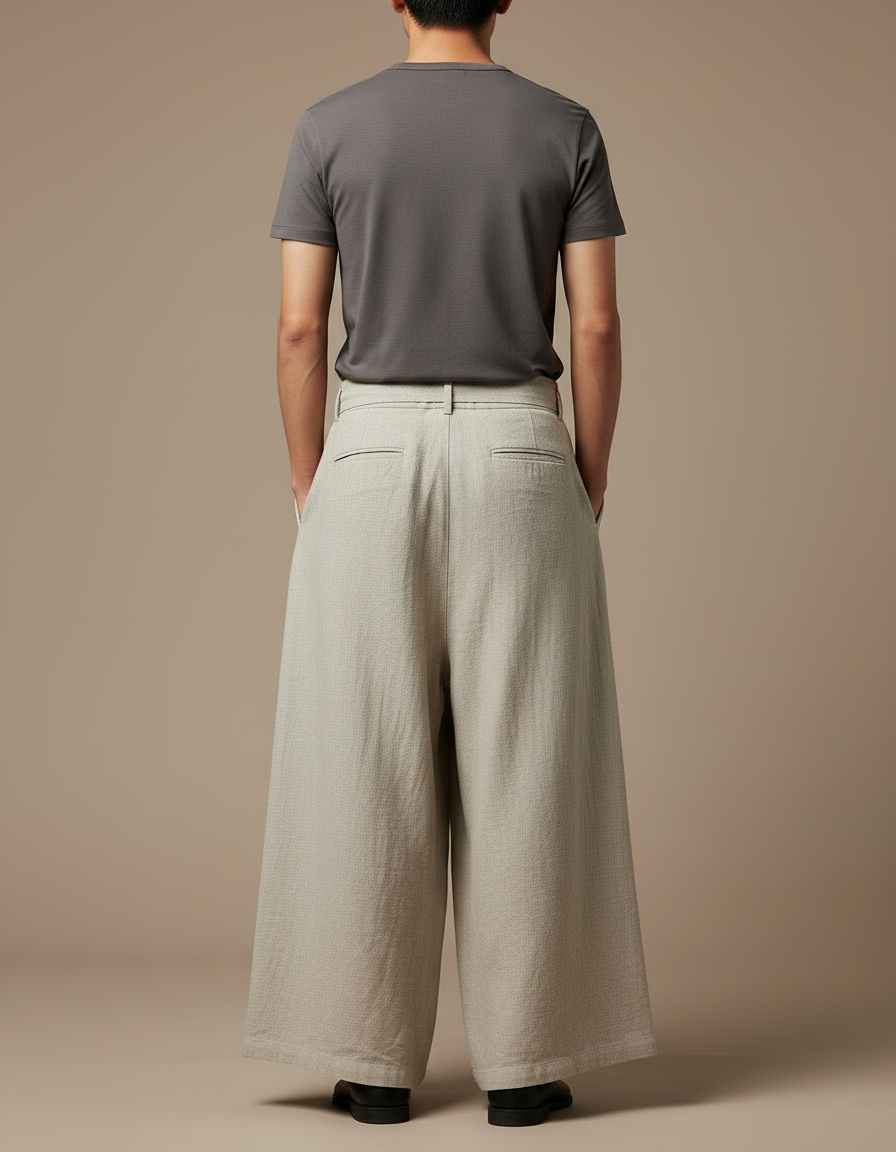 Pantalon Japonais Lin Ample Beige Brodé Ethnique - vue 2