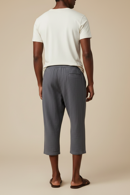 Pantalon Japonais Gris Coton Ample Court Cordon - vue 2