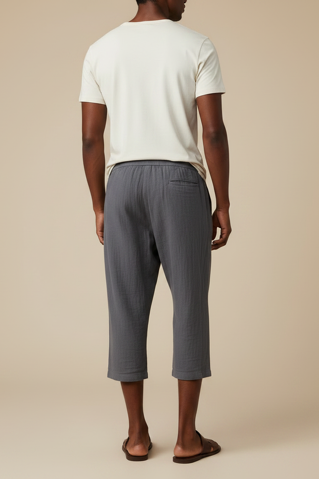 Pantalon Japonais Gris Coton Ample Court Cordon - vue 2