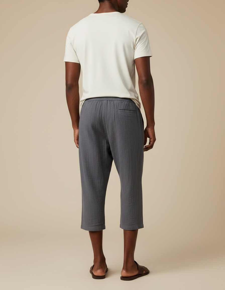 Pantalon Japonais Gris Coton Ample Court Cordon - vue 2