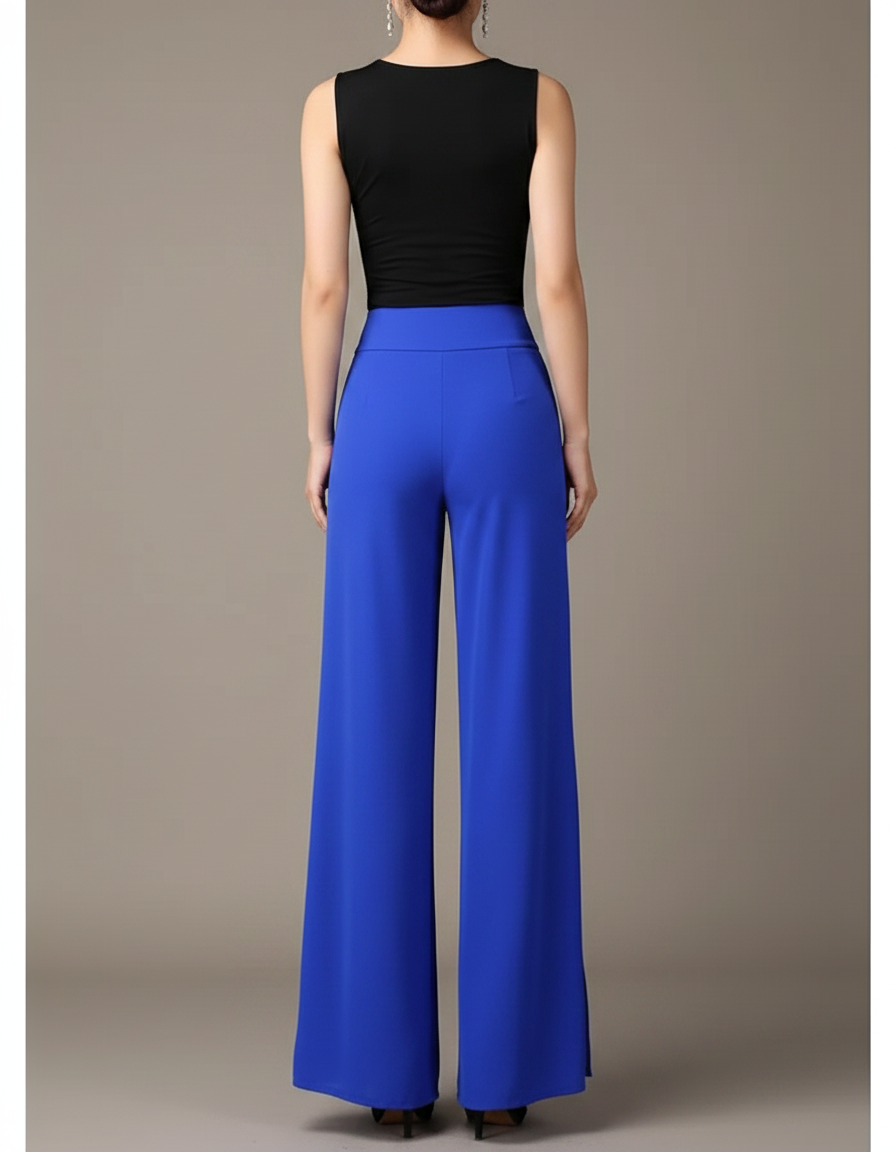 Pantalon Japonais Bleu Fluide Fendu Élégant Chiffon - Polyester - vue 2