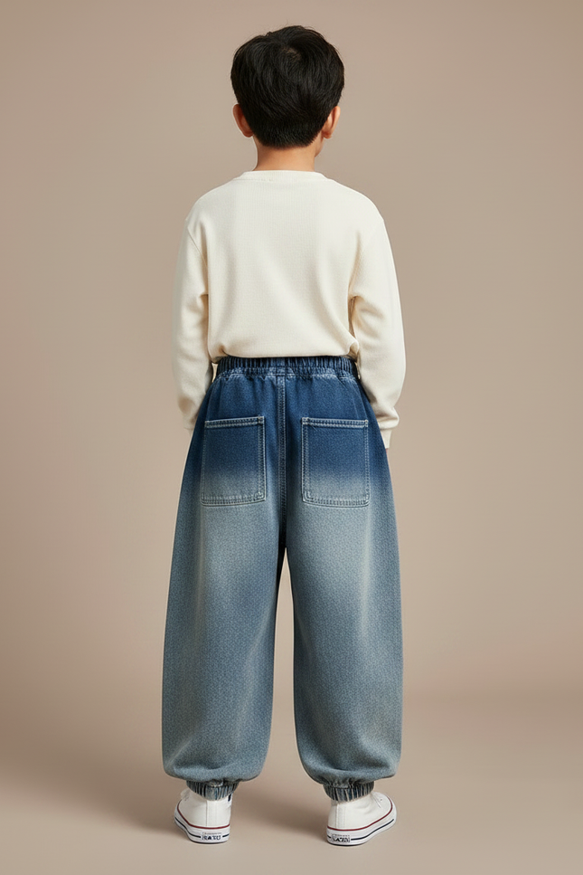 Pantalon Japonais Dégradé Denim Ample Élastique Patchwork - Bleu Jean - vue 2