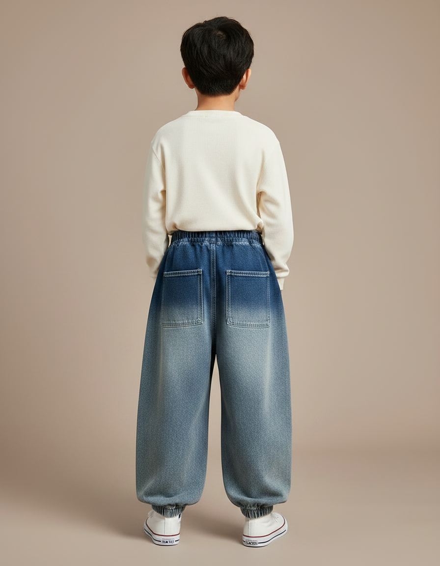 Pantalon Japonais Dégradé Denim Ample Élastique Patchwork - Bleu Jean - vue 2