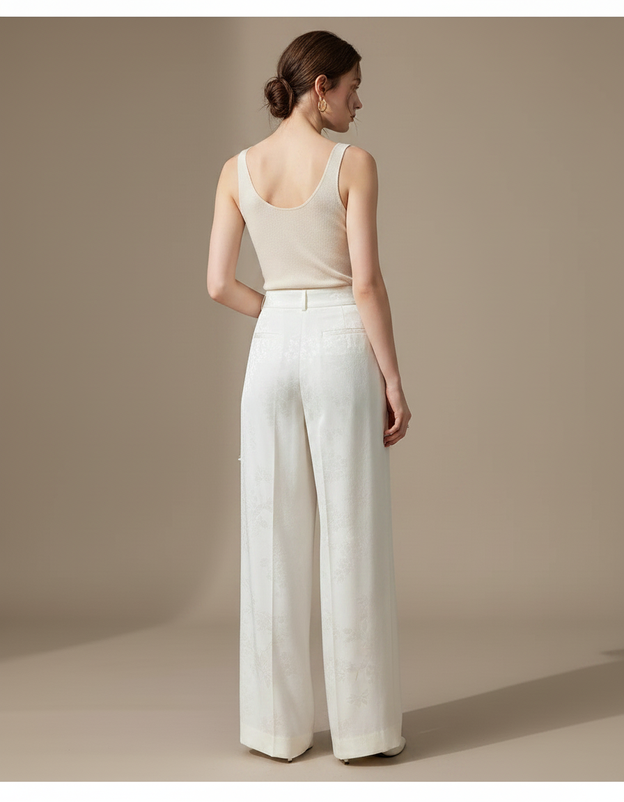 Pantalon Japonais Blanc Jacquard Satin Ample Élégant - vue 2
