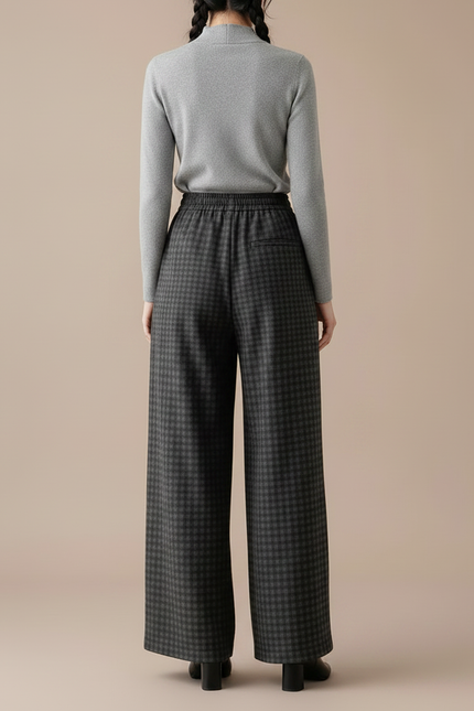 Pantalon Japonais Carreaux Ample Taille Haute Fluide - Gris Laine - vue 2