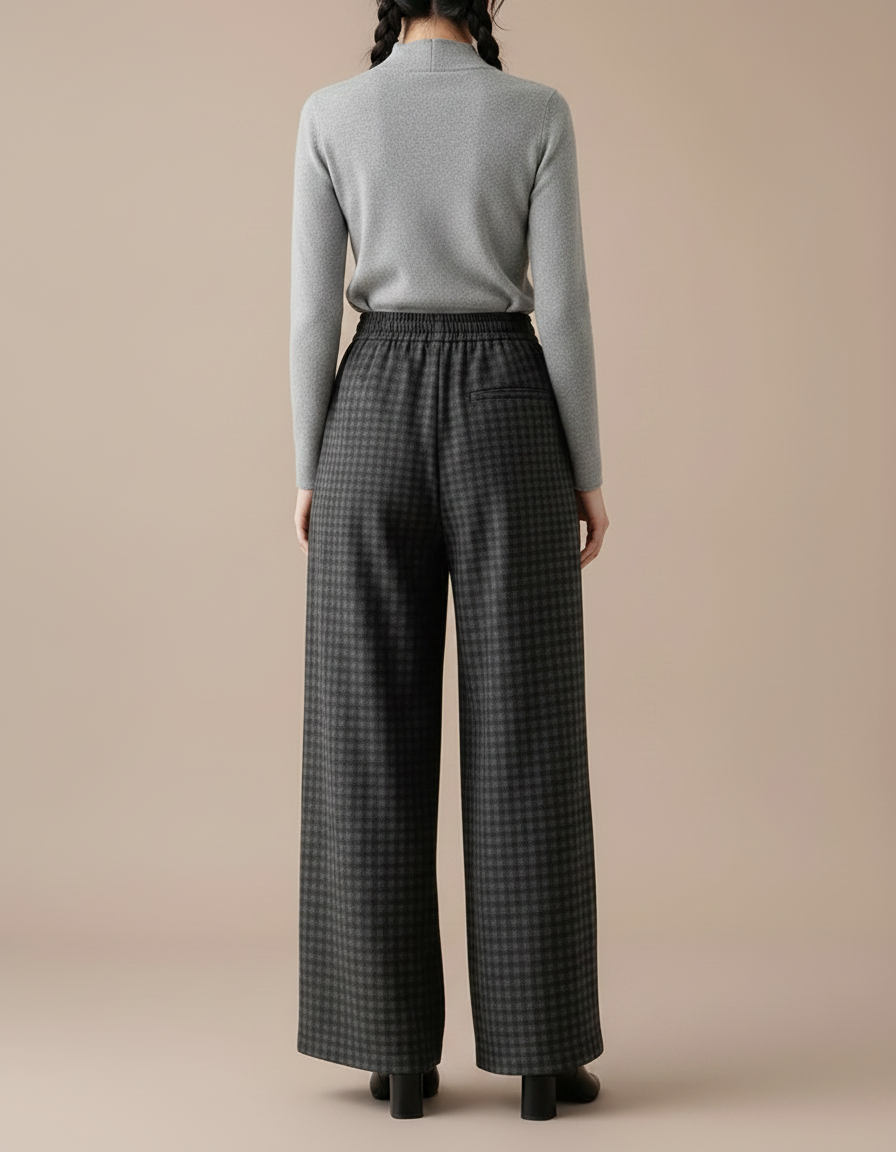 Pantalon Japonais Carreaux Ample Taille Haute Fluide - Gris Laine - vue 2