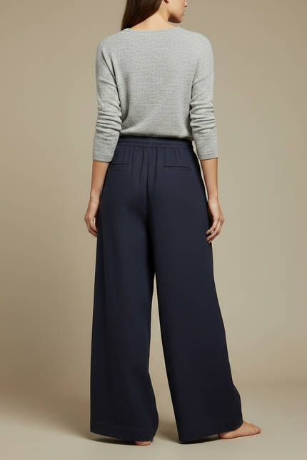 Pantalon Japonais Bleu Marine Ample Lin Fluide - vue 2