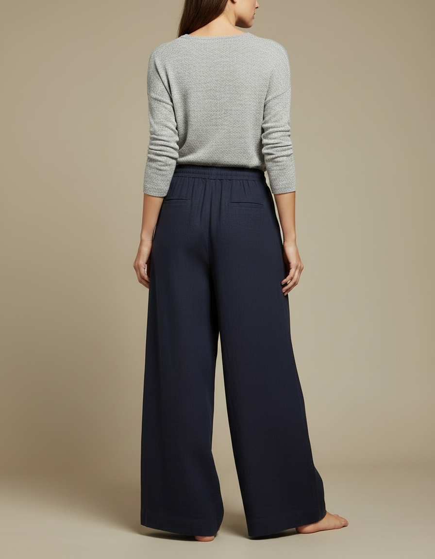 Pantalon Japonais Bleu Marine Ample Lin Fluide - vue 2