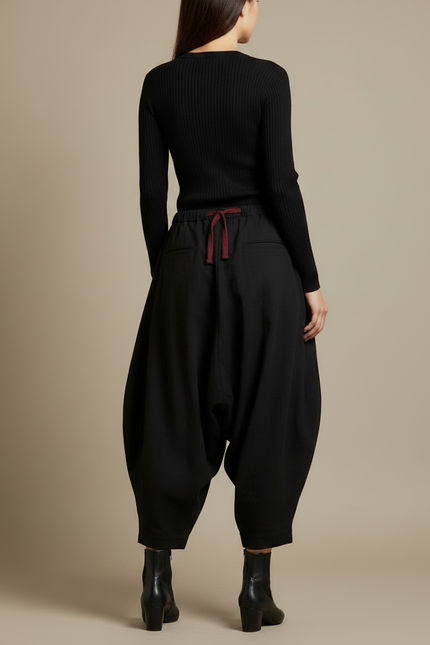 Pantalon Japonais Noir Ample Fluide Cordon Décontracté - Viscose - vue 2