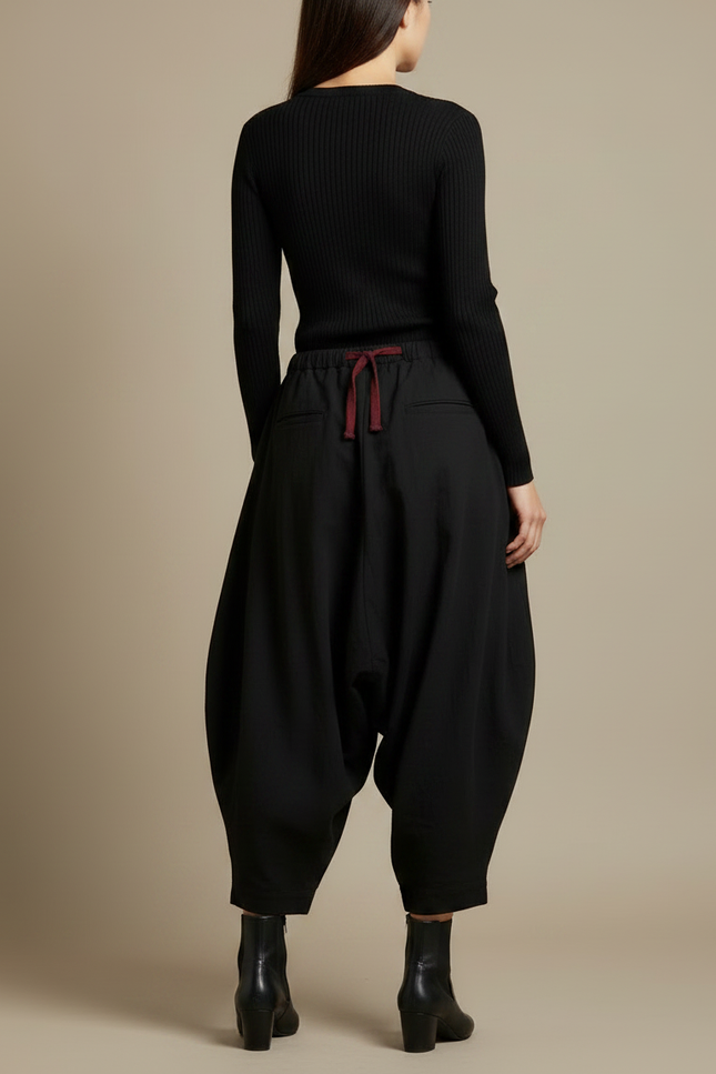 Pantalon Japonais Noir Ample Fluide Cordon Décontracté - Viscose - vue 2