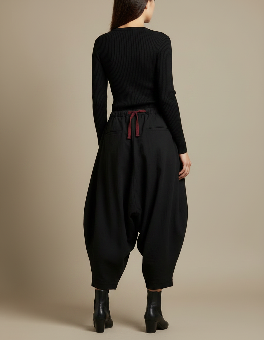 Pantalon Japonais Noir Ample Fluide Cordon Décontracté - Viscose - vue 2