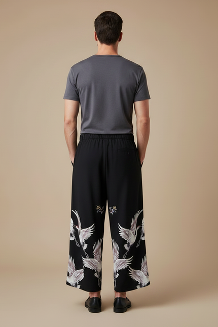 Pantalon Japonais Noir Ample Imprimé Grue Confortable - Viscose - vue 2
