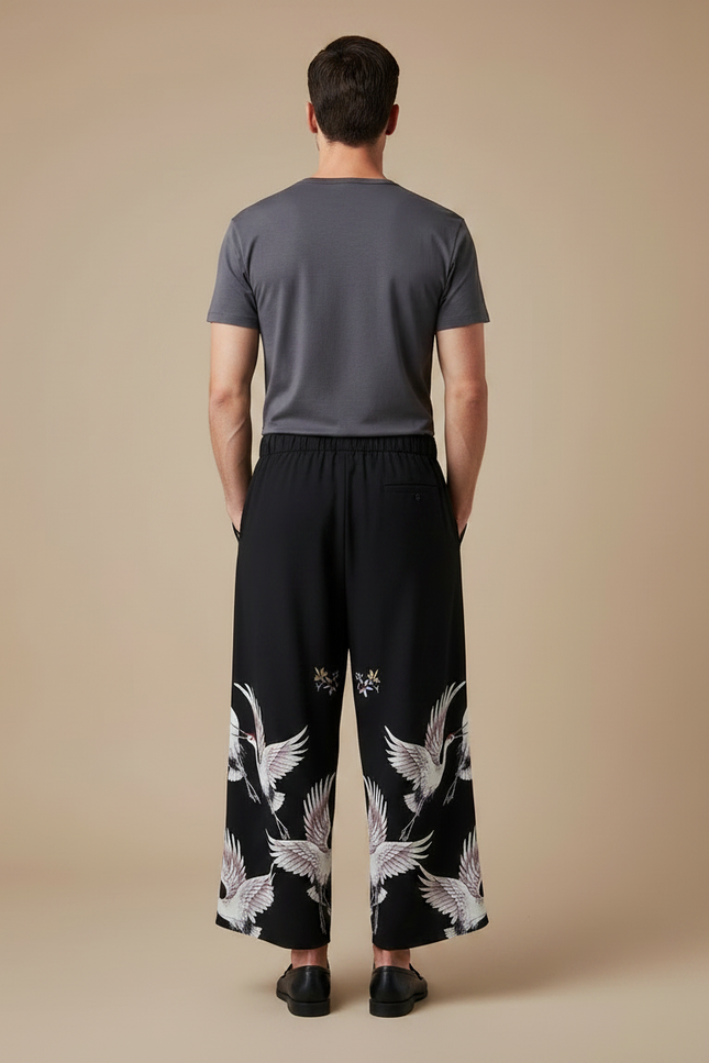 Pantalon Japonais Noir Ample Imprimé Grue Confortable - Viscose - vue 2