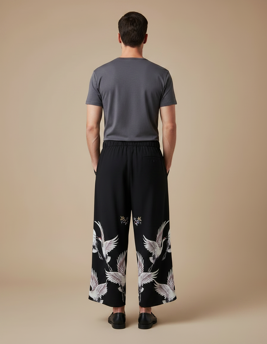 Pantalon Japonais Noir Ample Imprimé Grue Confortable - Viscose - vue 2