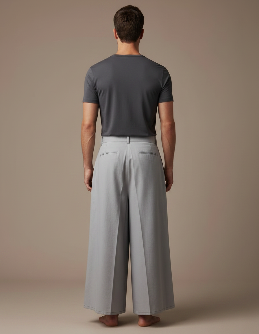 Pantalon Japonais Gris Plissé Ample Fluide Homme - Gabardine - vue 2