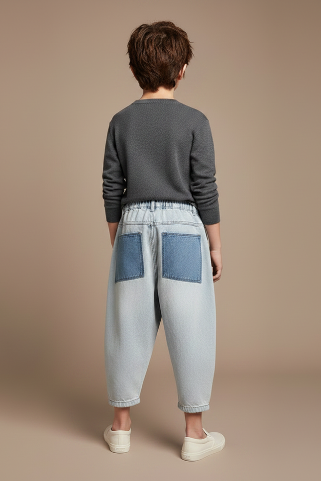 Pantalon Japonais Denim Ample Décontracté Patchwork Enfant - Bleu Jean - vue 2