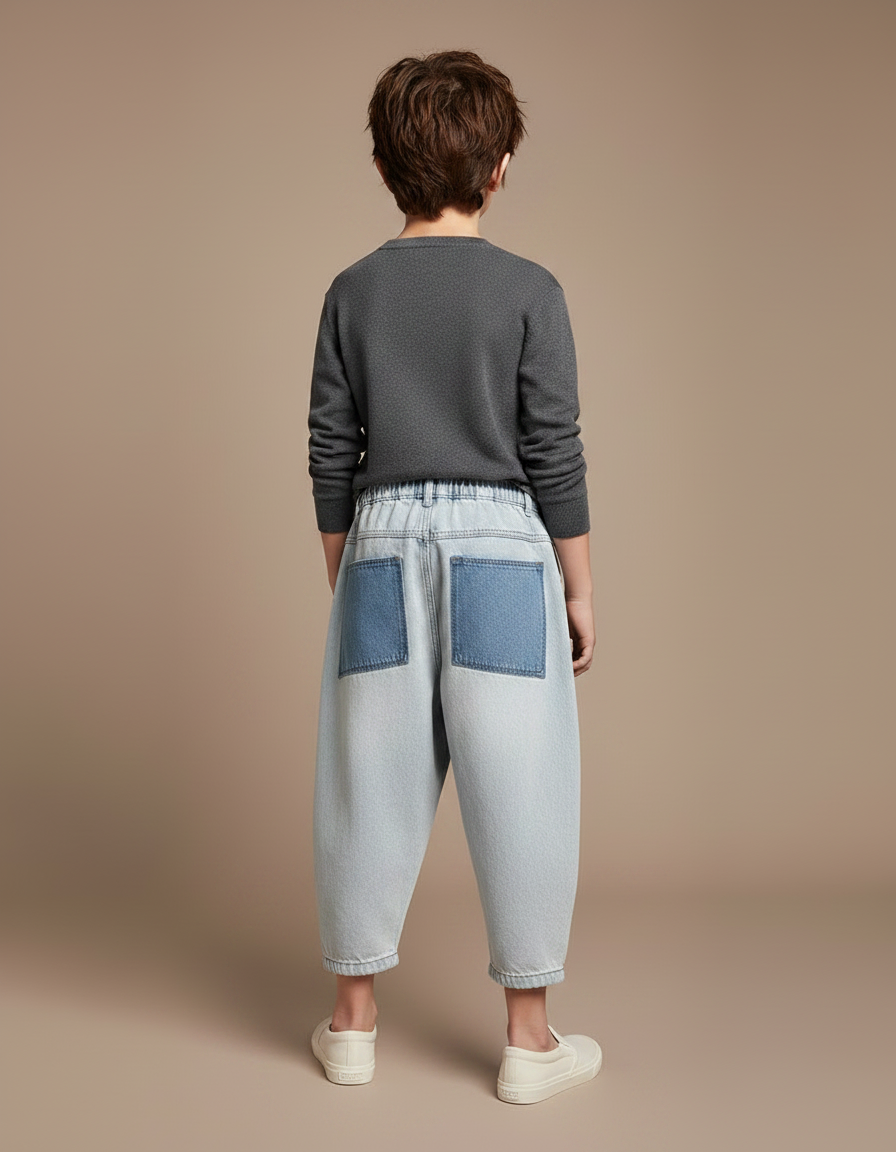Pantalon Japonais Denim Ample Décontracté Patchwork Enfant - Bleu Jean - vue 2