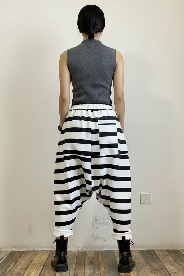 Pantalon Japonais Harem Rayé Noir Blanc Ample - Imprimé Polyester - vue 2