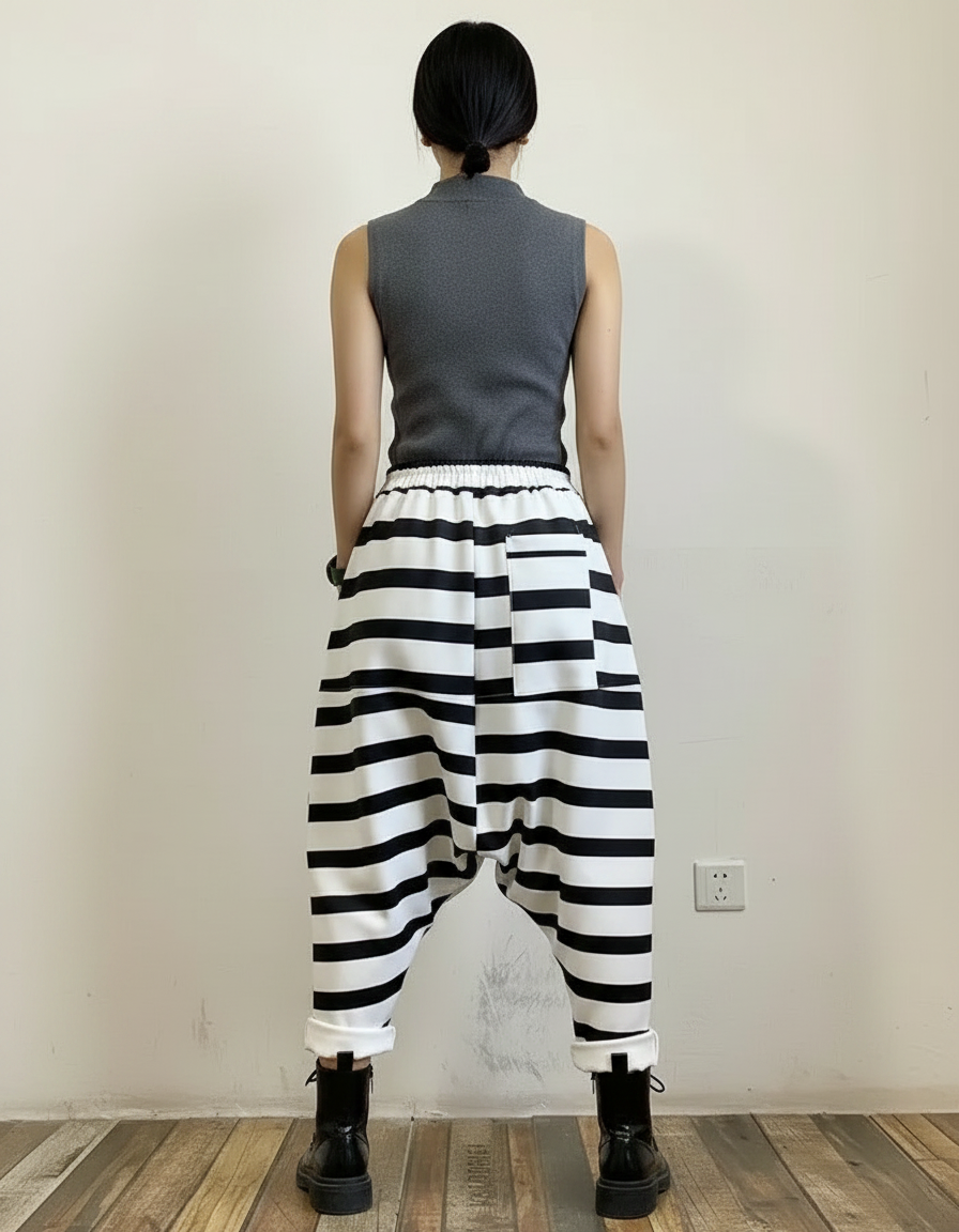 Pantalon Japonais Harem Rayé Noir Blanc Ample - Imprimé Polyester - vue 2