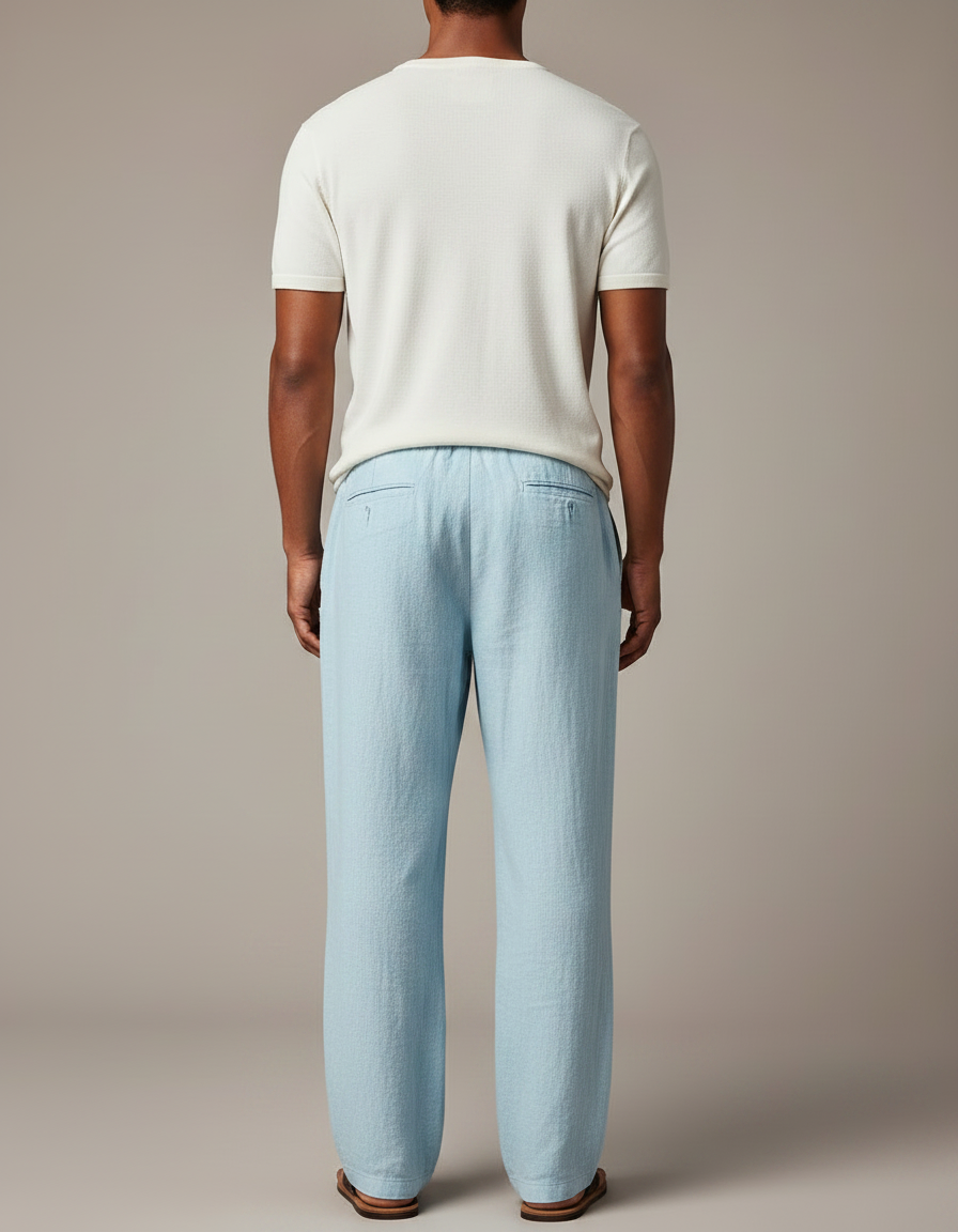 Pantalon Japonais Lin Ample Bleu Clair Homme Décontracté - vue 2