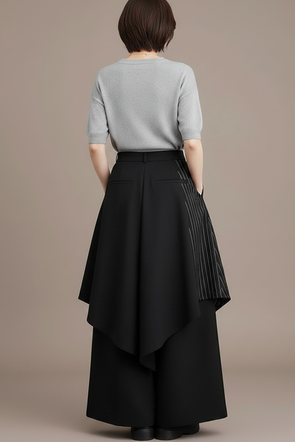Pantalon Japonais Noir Asymétrique Rayé Fluide Ample - Polyester - vue 2
