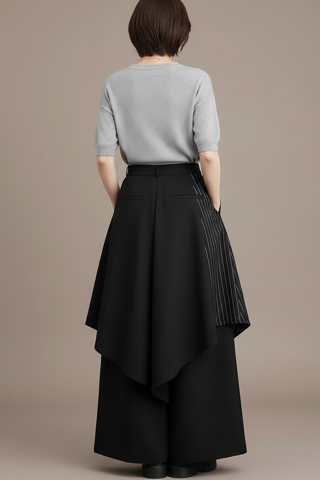 Pantalon Japonais Noir Asymétrique Rayé Fluide Ample - Polyester - vue 2