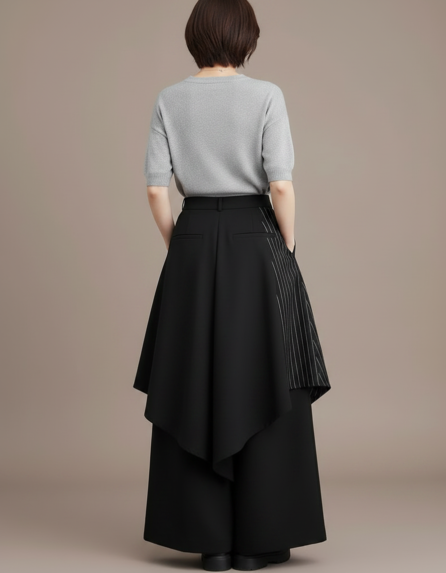 Pantalon Japonais Noir Asymétrique Rayé Fluide Ample - Polyester - vue 2