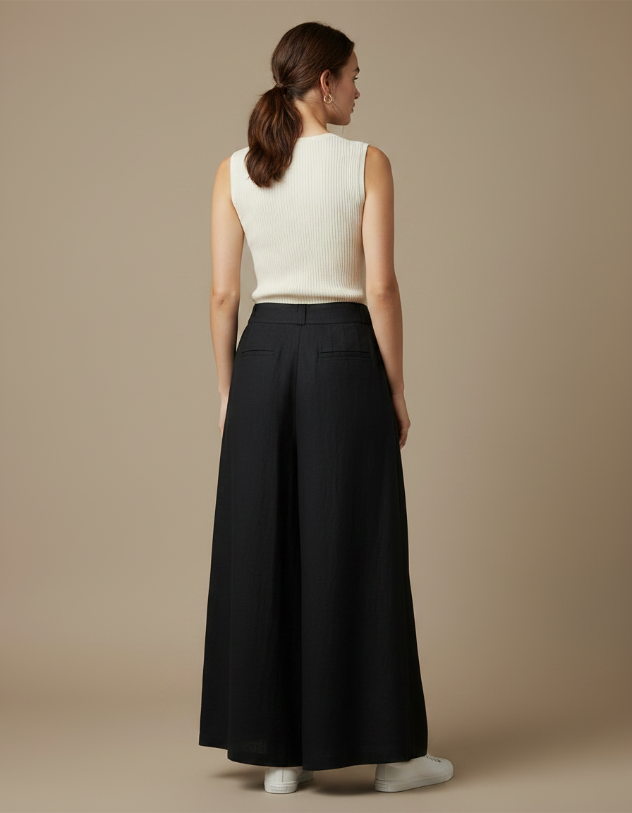 Pantalon Japonais Noir Ample Lin Plissé Décontracté - vue 2