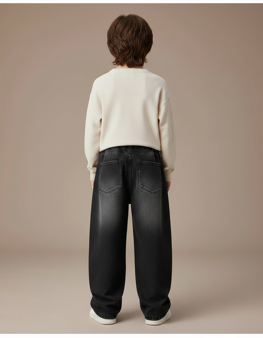 Pantalon Japonais Denim Dégradé Ample Garçon Streetwear - Noir Jean - vue 2